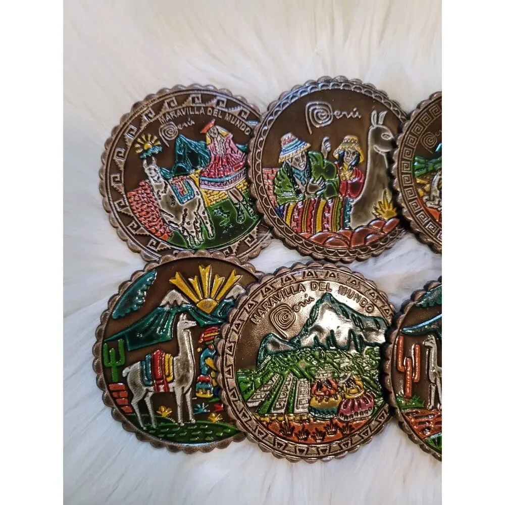 Peru Handpainted Coasters Llama Set 6 W/ Holder Folk Art Souvenir Mixed Material